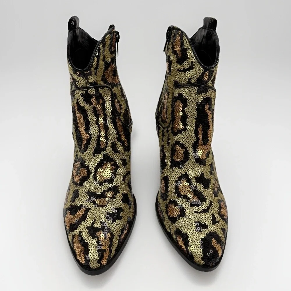 Betsey Johnson Cowboy Boots‎ Lucki Leopard Sequin Sz 6 Animal Print Cowgirl Glam